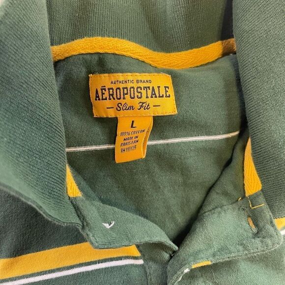 Large Aeropostale Slim Fit Green Polo Long Sleeve Yellow Striped - Picture 10 of 11